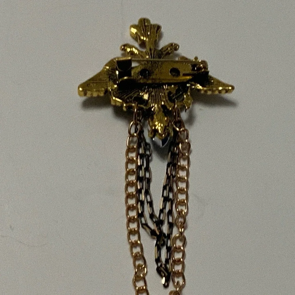 Gothic Double Headed Eagle Brooch Pin Blue Rhinestone Tassel Chain Winged